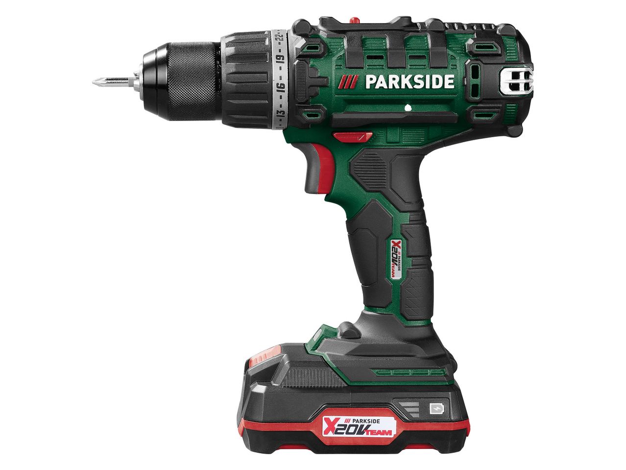 Parkside cordless drill with a battery pack attached.