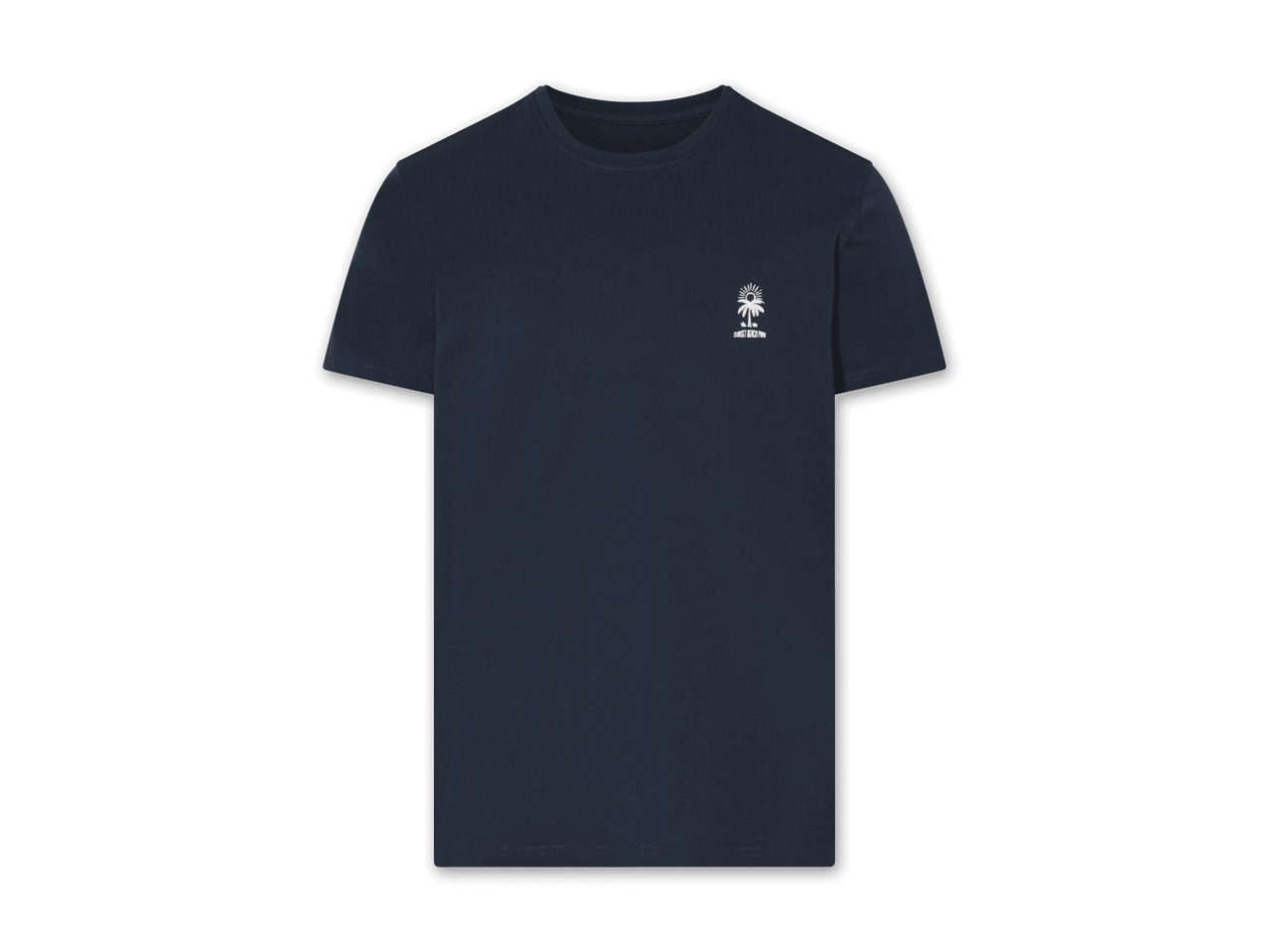 Dunkelblaues T-Shirt mit kleinem Sunset Beach Print.