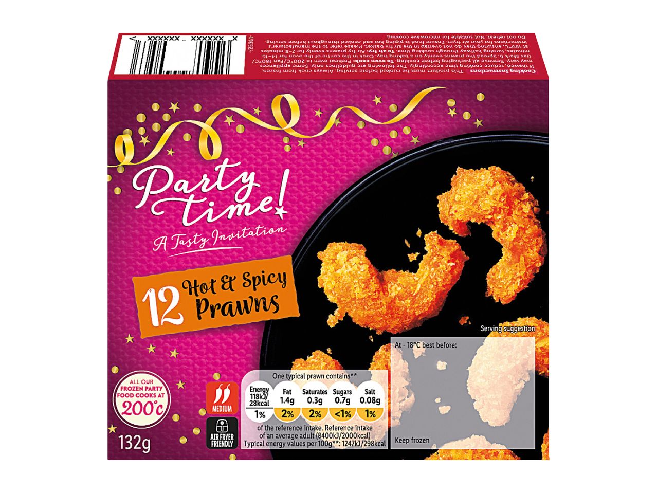 Party Time! Hot & Spicy Prawns in a box with cooking instructions and nutritional information.