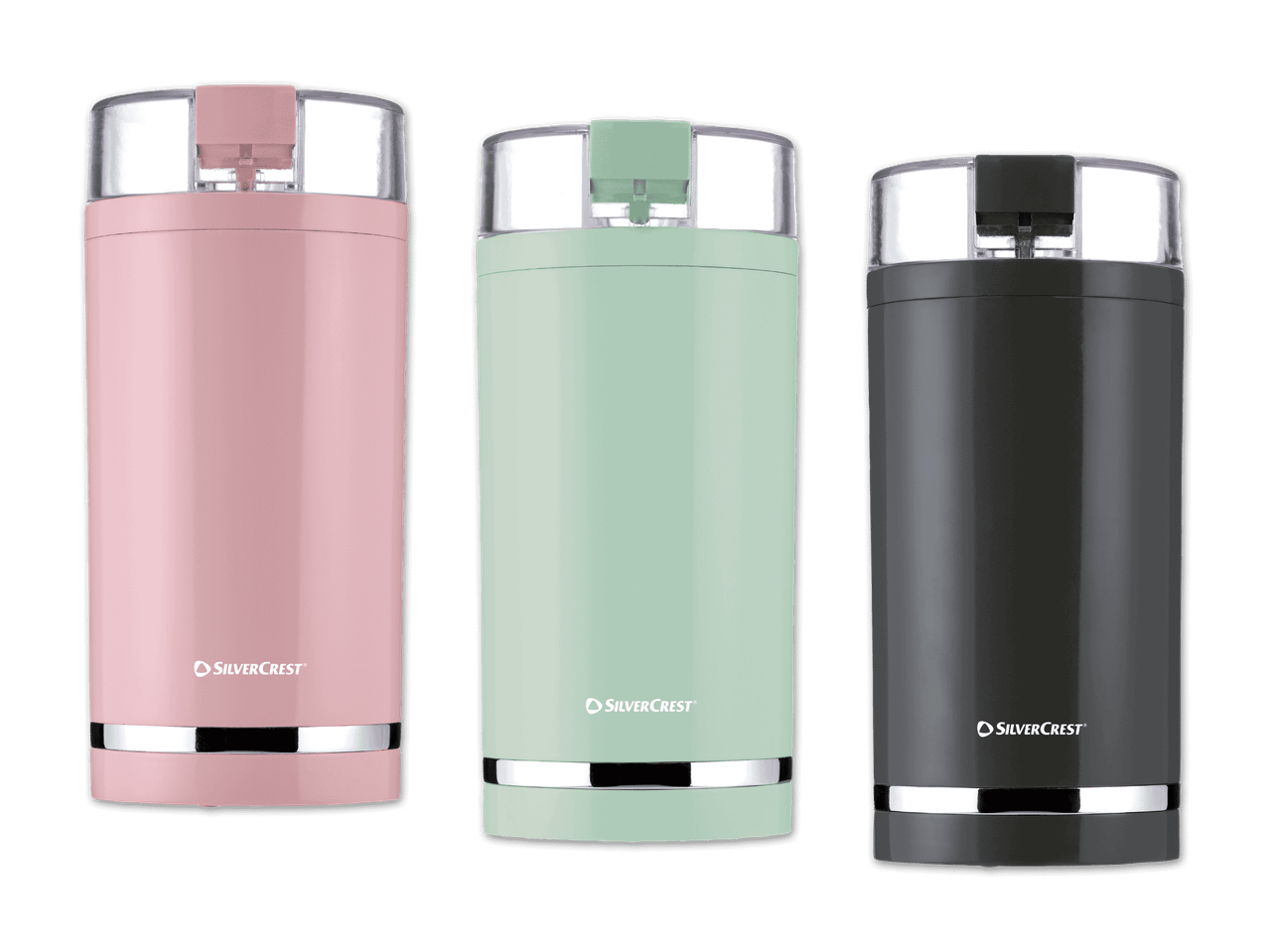 Drei SilverCrest Kaffeemühlen in Rosa, Mintgrün und Grau.