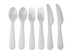 Six pieces of white plastic cutlery, including two spoons, two forks, and two knives.