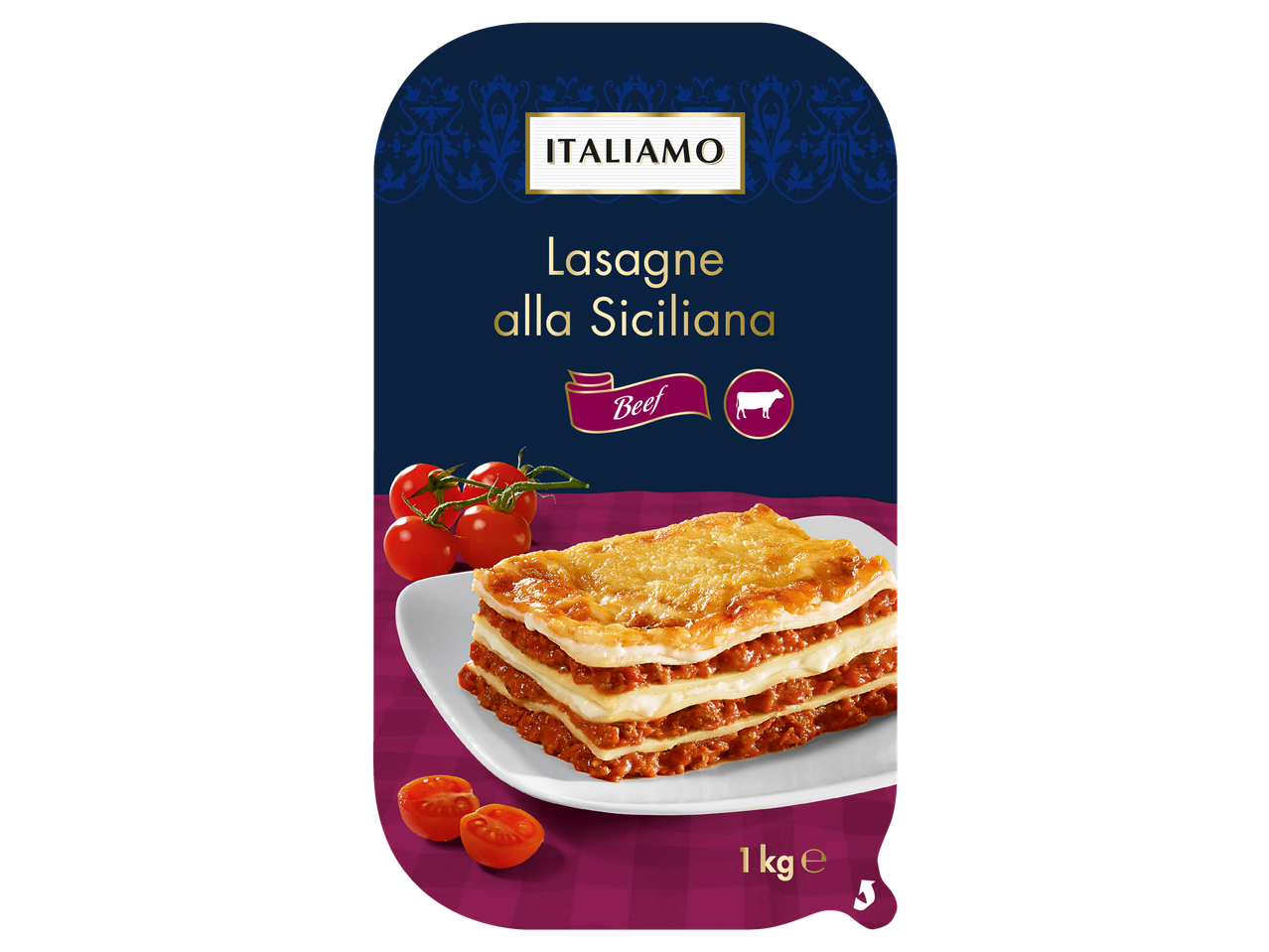Lasagna alla Siciliana ITALIAMO com carne de vaca, tomates e 1 kg de peso.