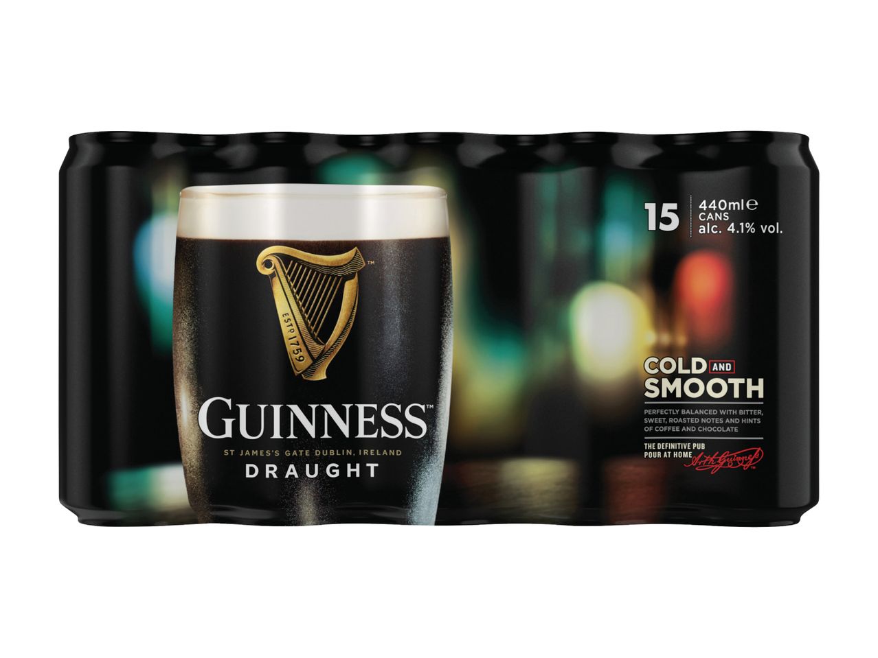 A 15-pack of Guinness Draught cans with a glass of Guinness in the foreground.