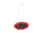 Red and black round swing with white ropes and metal rings