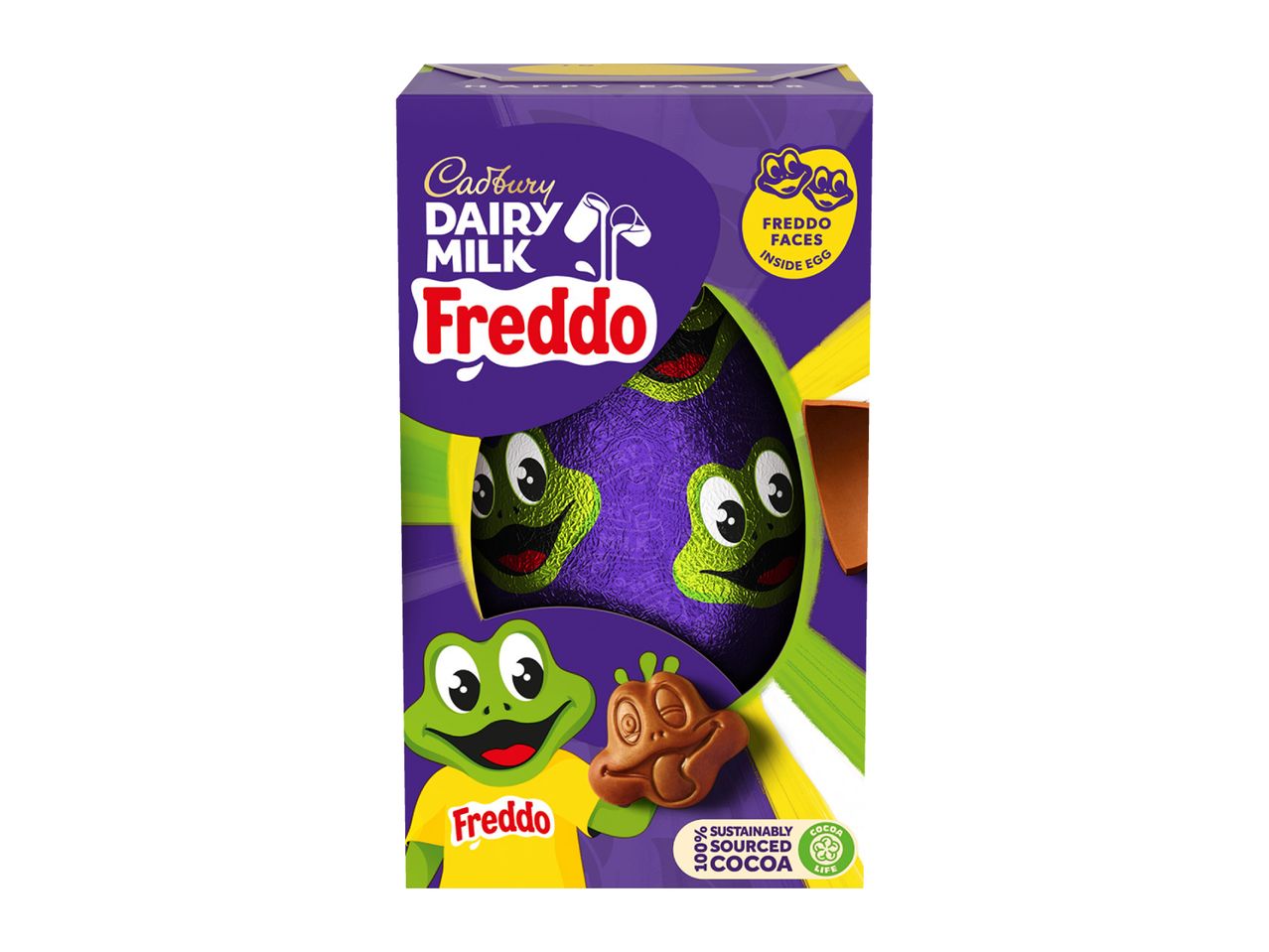 Purple chocolate egg packaging with a frog character and chocolate frog faces.