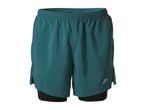 Teal men's running shorts with black inner shorts and a reflective logo.