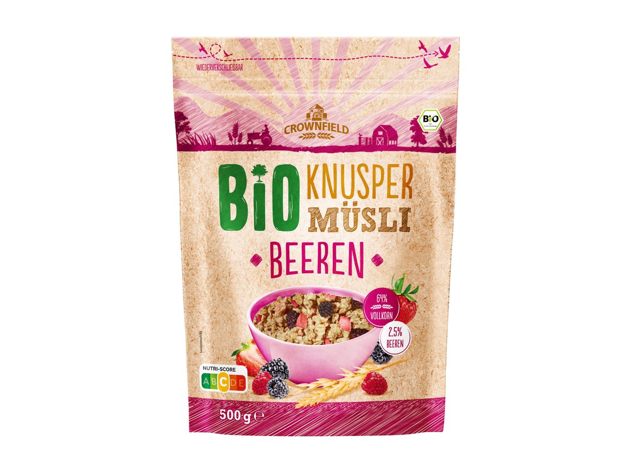 Bio Knuspermüsli mit Beeren in einer Packung mit 64% Vollkorn und 2,5% Beeren.
