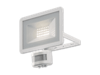 Weißer LED-Fluter mit Bewegungssensor und Halterung.