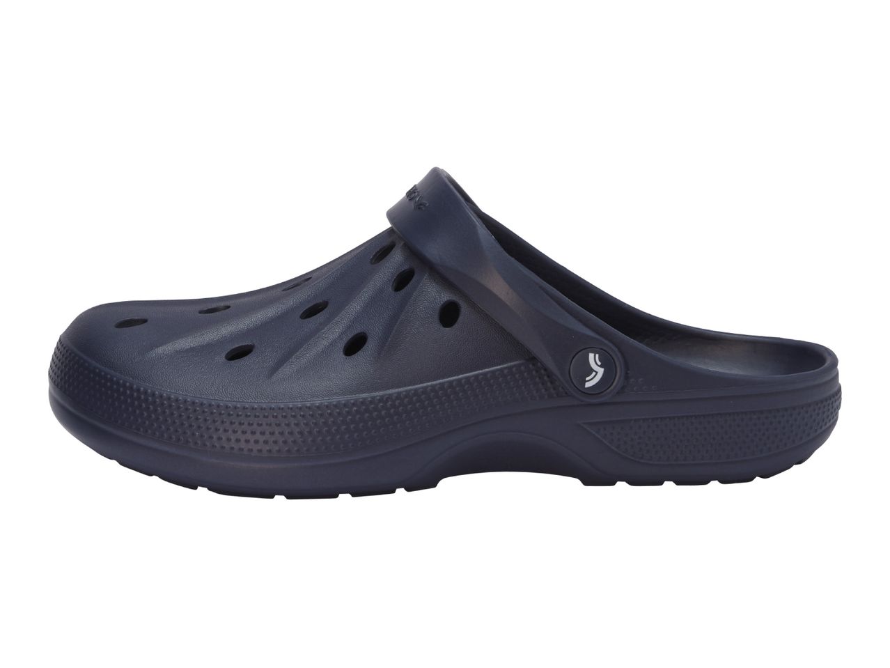 Dark blue slip-on clogs with ventilation holes and a movable heel strap.
