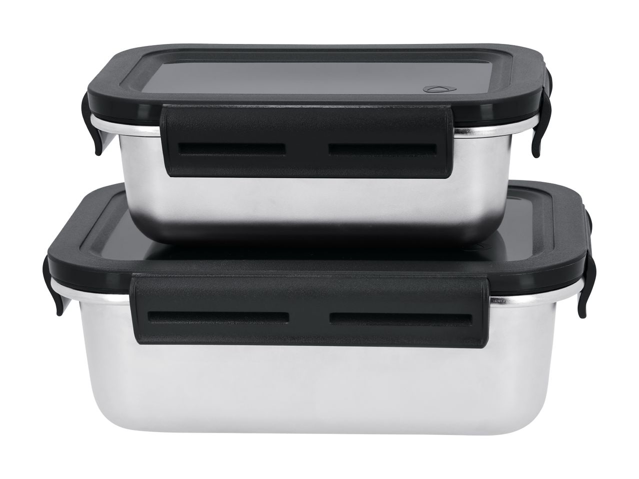 Two stacked stainless steel food containers with black lids and clasps