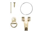 Picture hanging kit with a nail, screw, wire, D-ring, and picture hook.