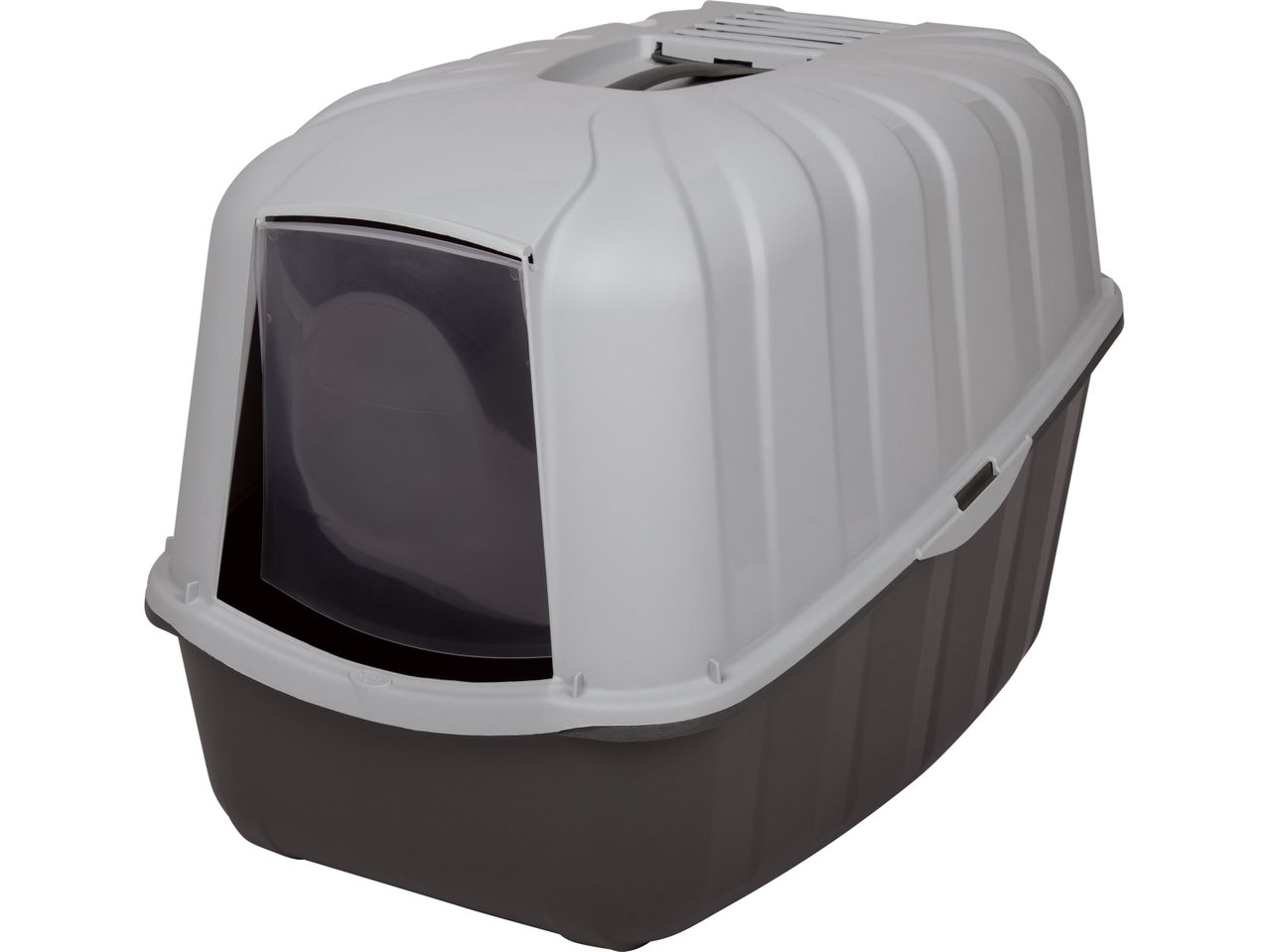 A gray and dark gray enclosed cat litter box.