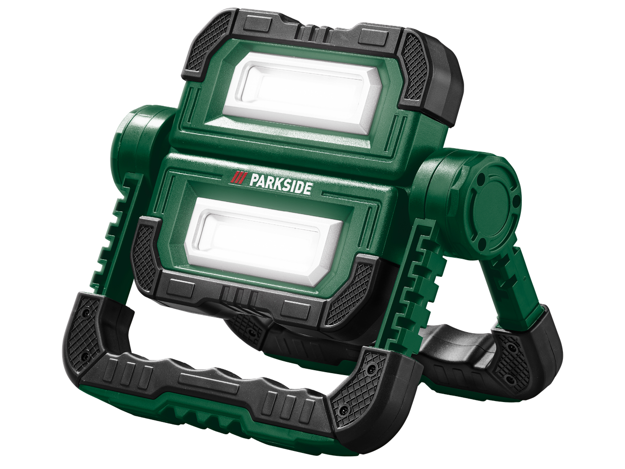 Зелен прожектор Parkside с две светещи LED панели и черни дръжки.