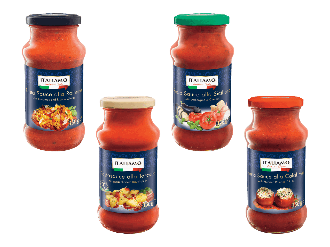 Neljä Italiamo-pastakastikepulloa, joissa on eri makuja, kuten Romana, Siciliana, Toscana ja Calabrese.