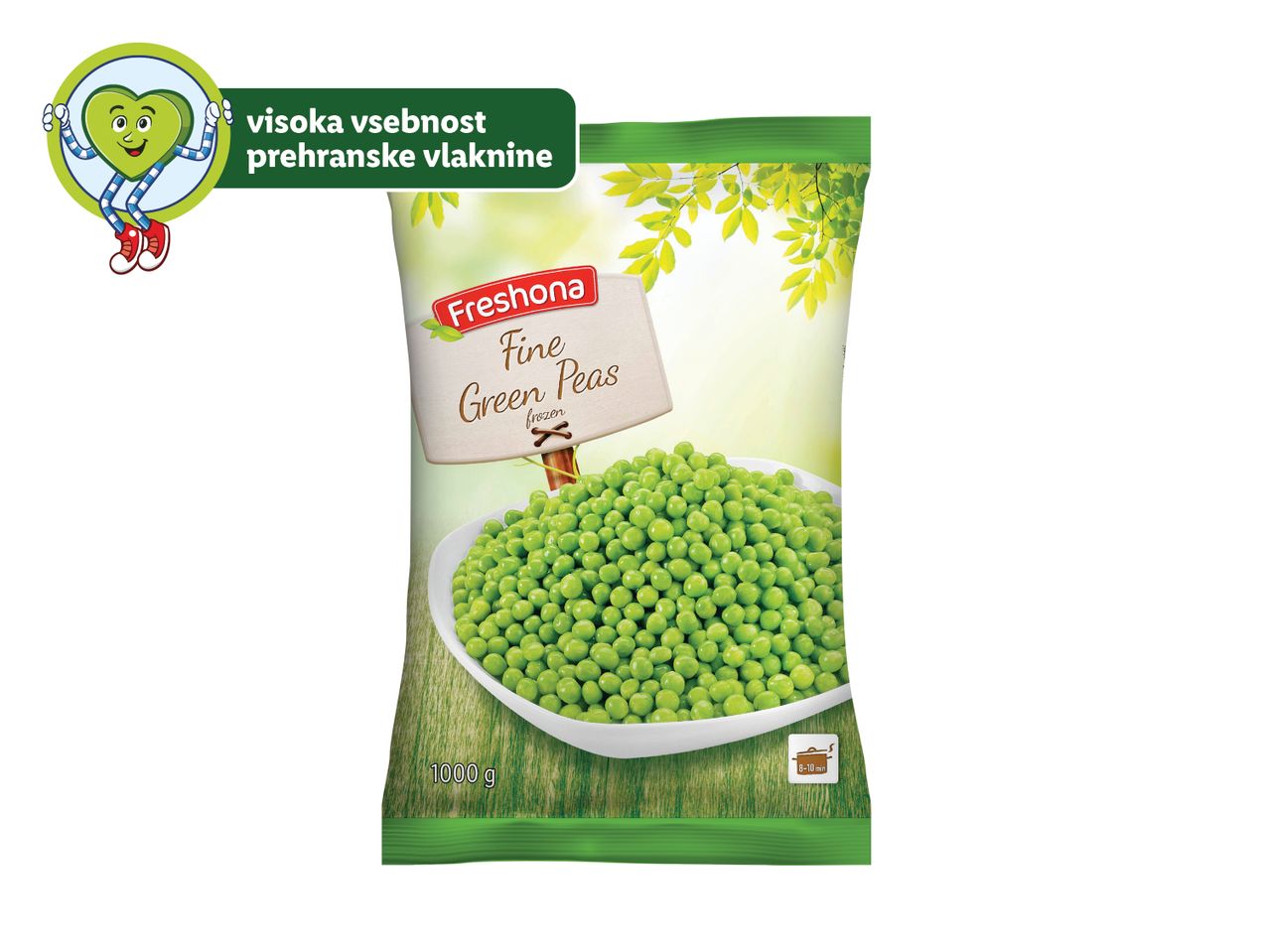 Zamrznjen grah Freshona: 1000 g embalaža.