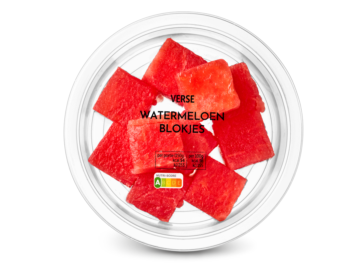 Verse watermeloenblokjes met Nutri-Score A en voedingswaarden per portie en per 100g.