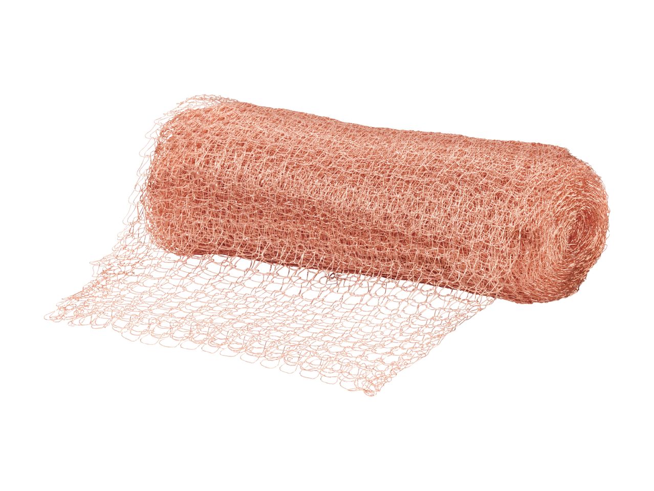A roll of copper mesh, partially unrolled, on a white background.