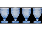 Four blue wine glasses, vintage style, embossed design.
