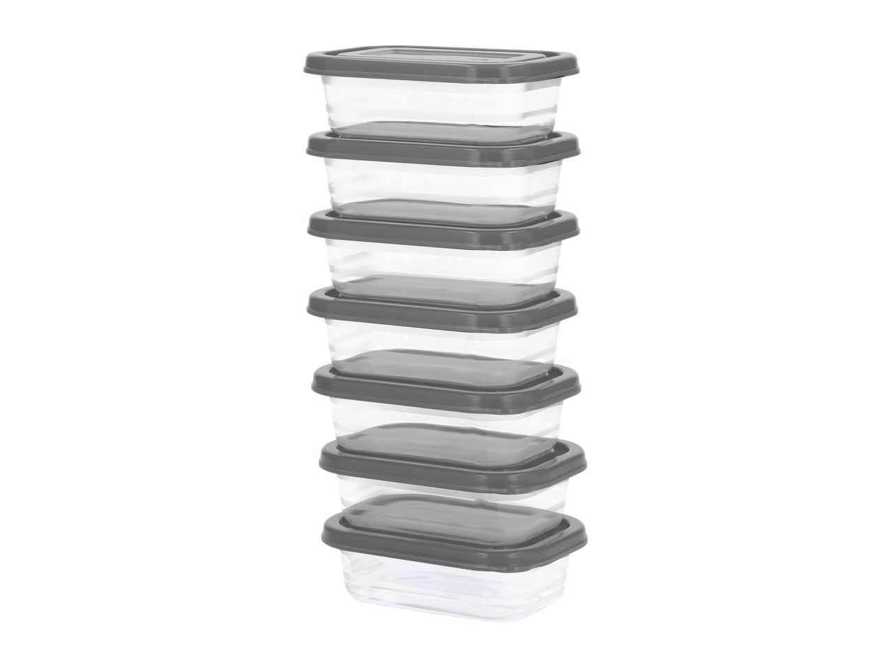 A stack of eight rectangular, clear food storage containers with dark grey lids.