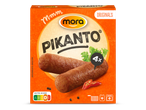 Oranje verpakking met twee pikante worsten, sla, rode pepers en zwarte peperkorrels.