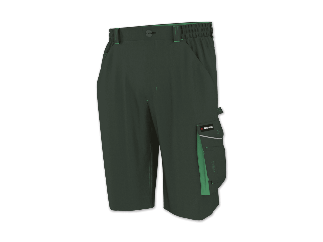 Dunkelgrüne Arbeitsshorts mit Seitentaschen und hellgrünen Akzenten.