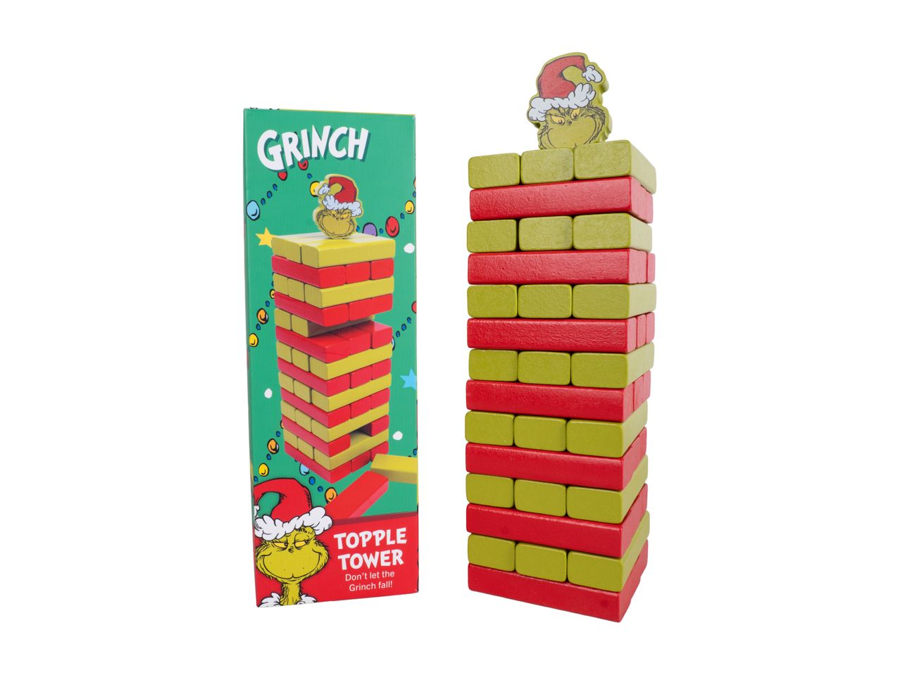 Grinch Topple Tower game with red and green blocks, featuring the Grinch character.