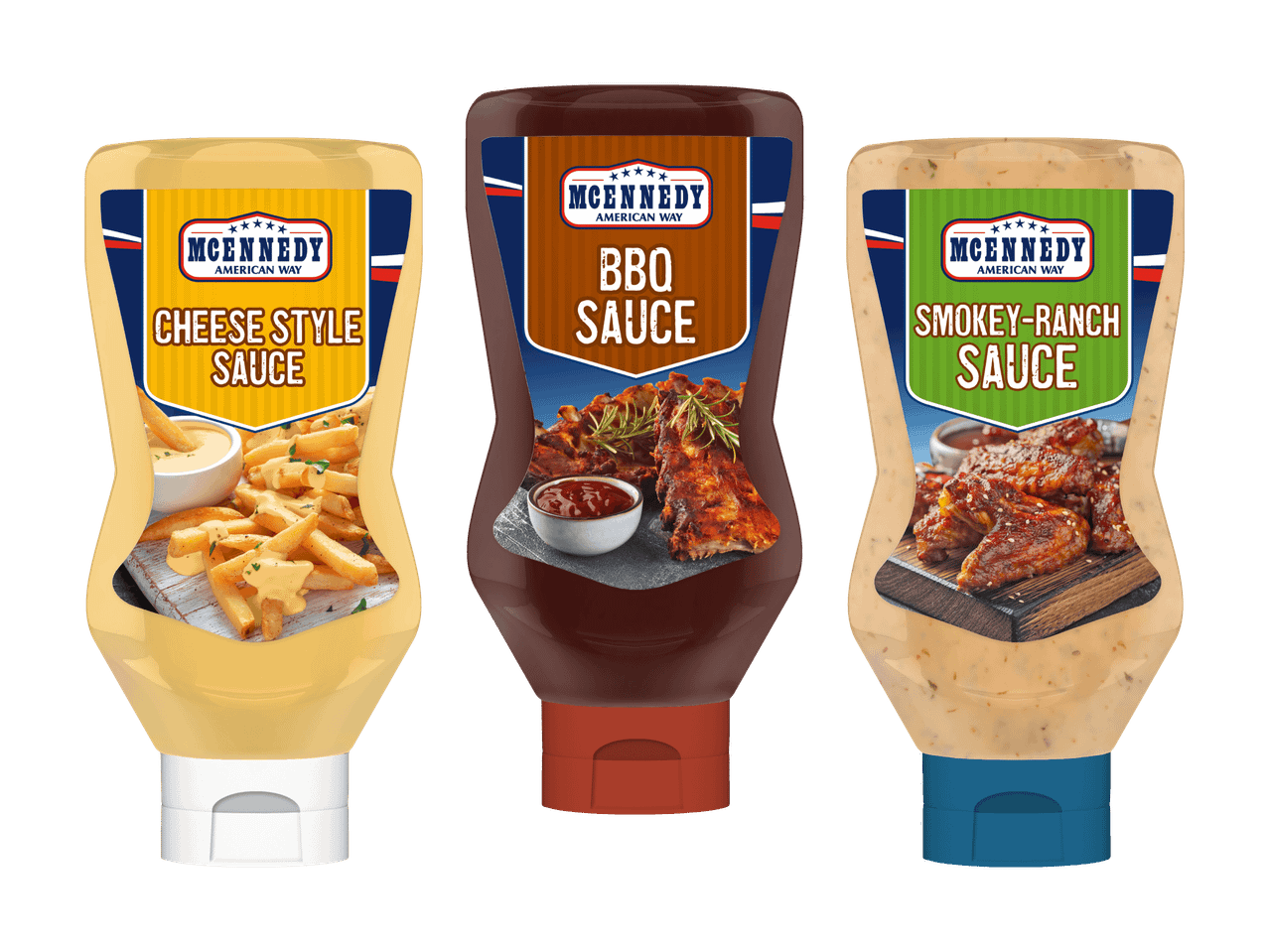 Trois bouteilles de sauce : sauce au fromage, sauce BBQ et sauce Smokey-Ranch.