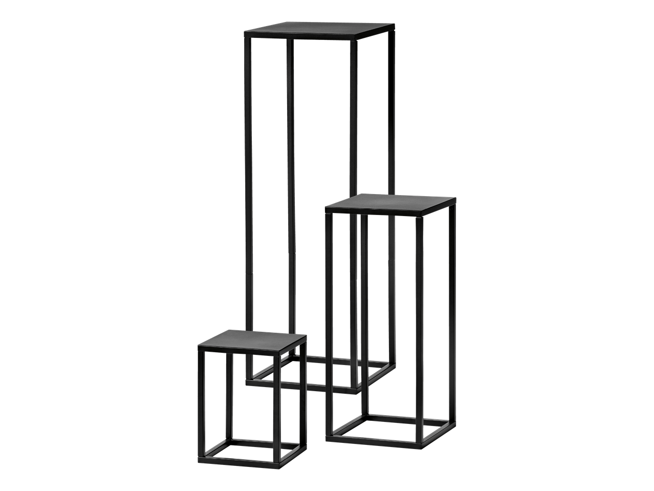 Set od tri crna metalna postolja različitih visina.