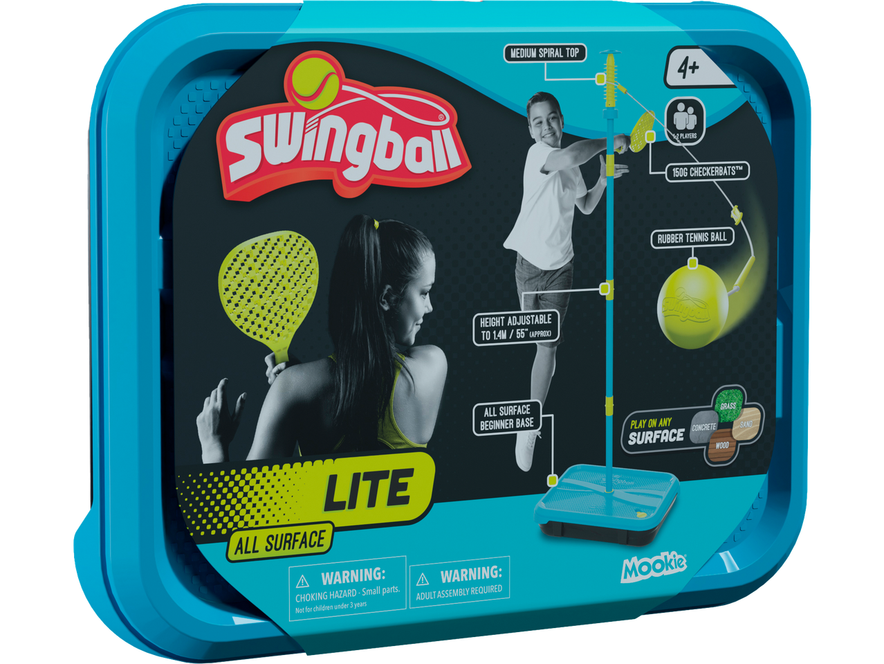 Swingball Lite game set with adjustable pole, checkerbats, rubber tennis ball, and all-surface base.
