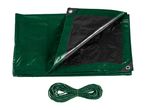 Green tarp with black underside and a coiled green rope.