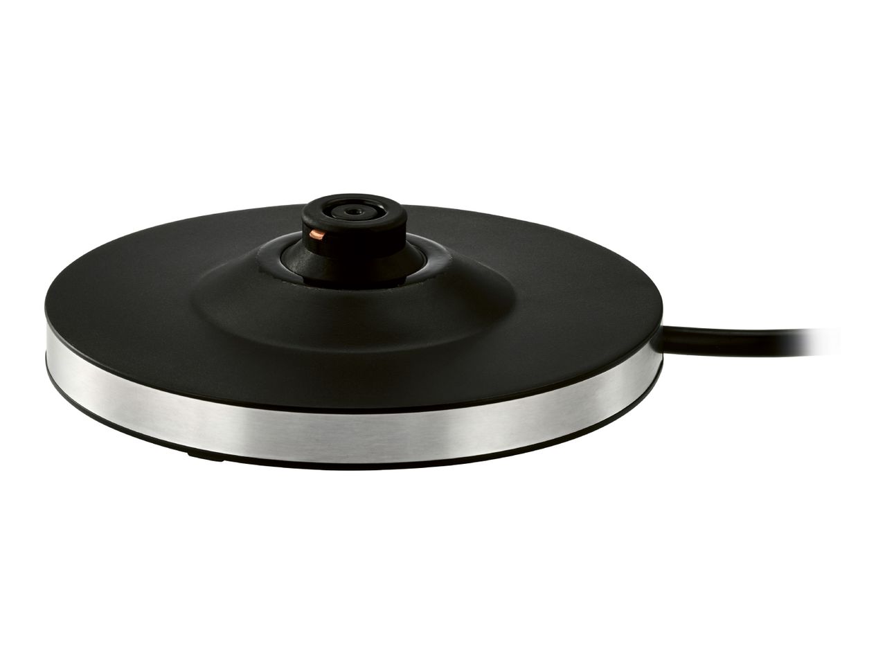Black kettle base with a silver band and power cord.