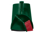 Green dustpan with red brush.