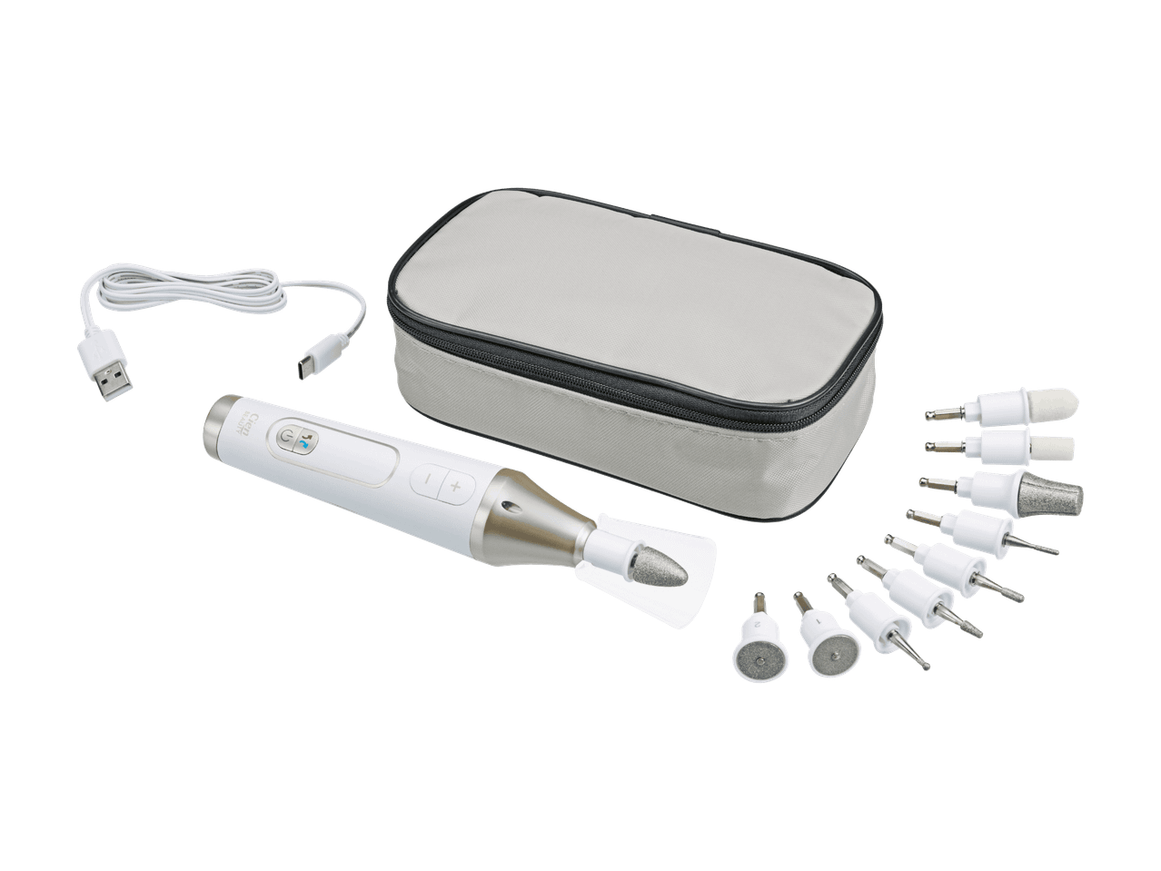 Kit manucure/pédicure avec appareil électrique, câble USB, embouts et trousse de rangement.