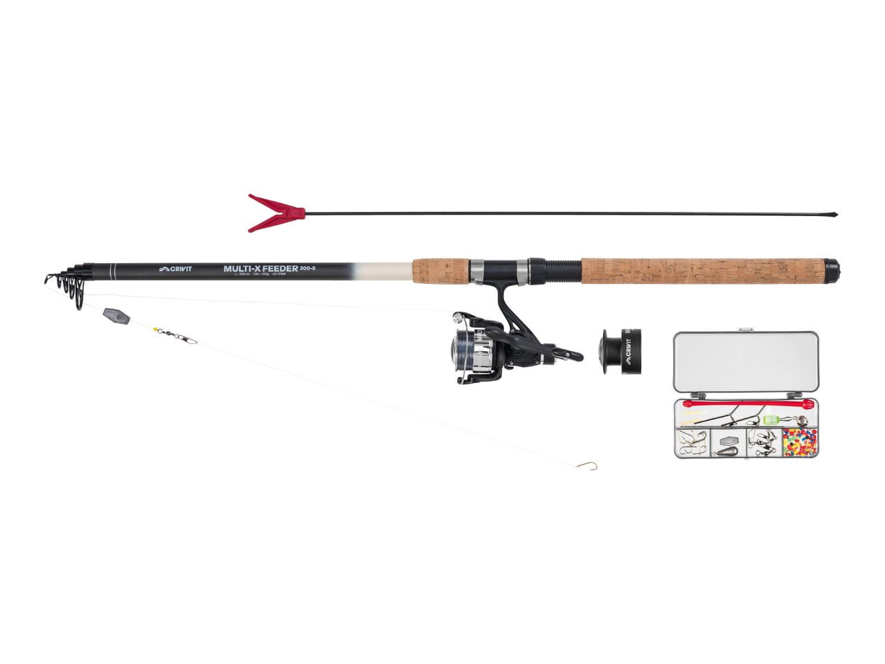 Fishing rod set with reel, line, weights, and tackle box.
