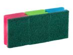 Three colorful kitchen sponges with abrasive scrub pads