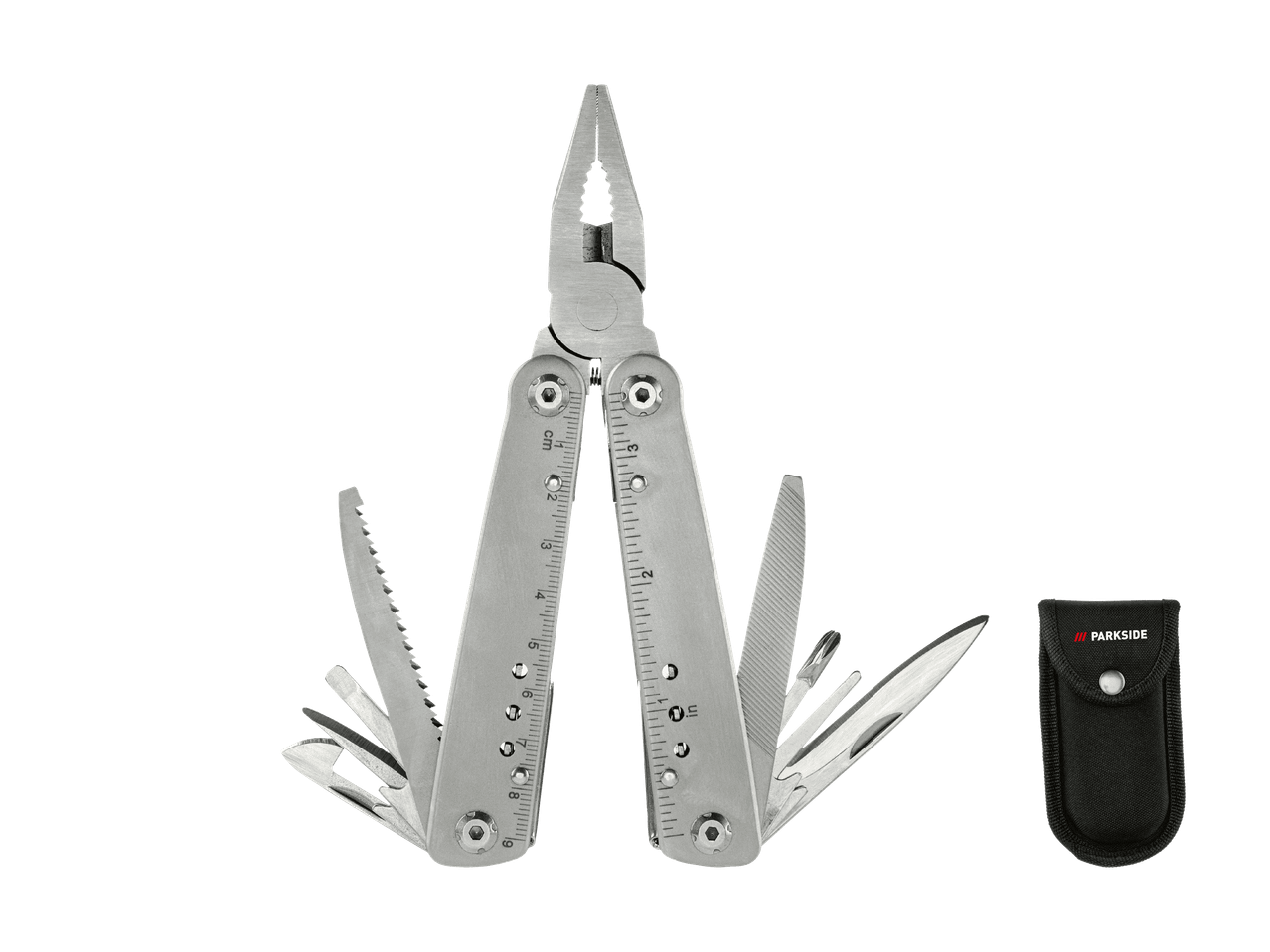 Ein Edelstahl-Multitool mit Zange, Säge, Feile und weiteren Werkzeugen, daneben eine schwarze Tasche.