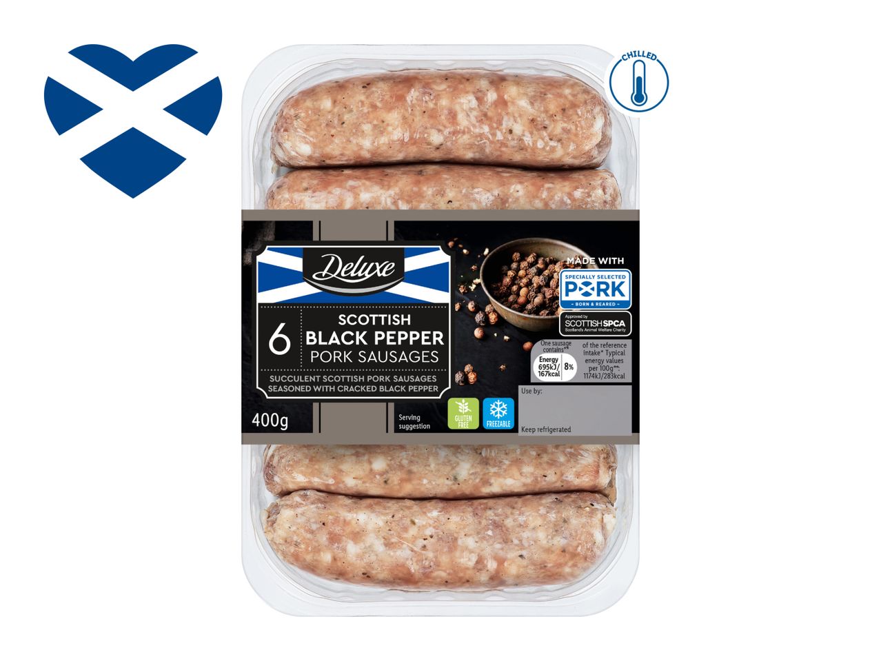 Pack of 6 Scottish black pepper pork sausages, 400g, with a heart-shaped Scottish flag.