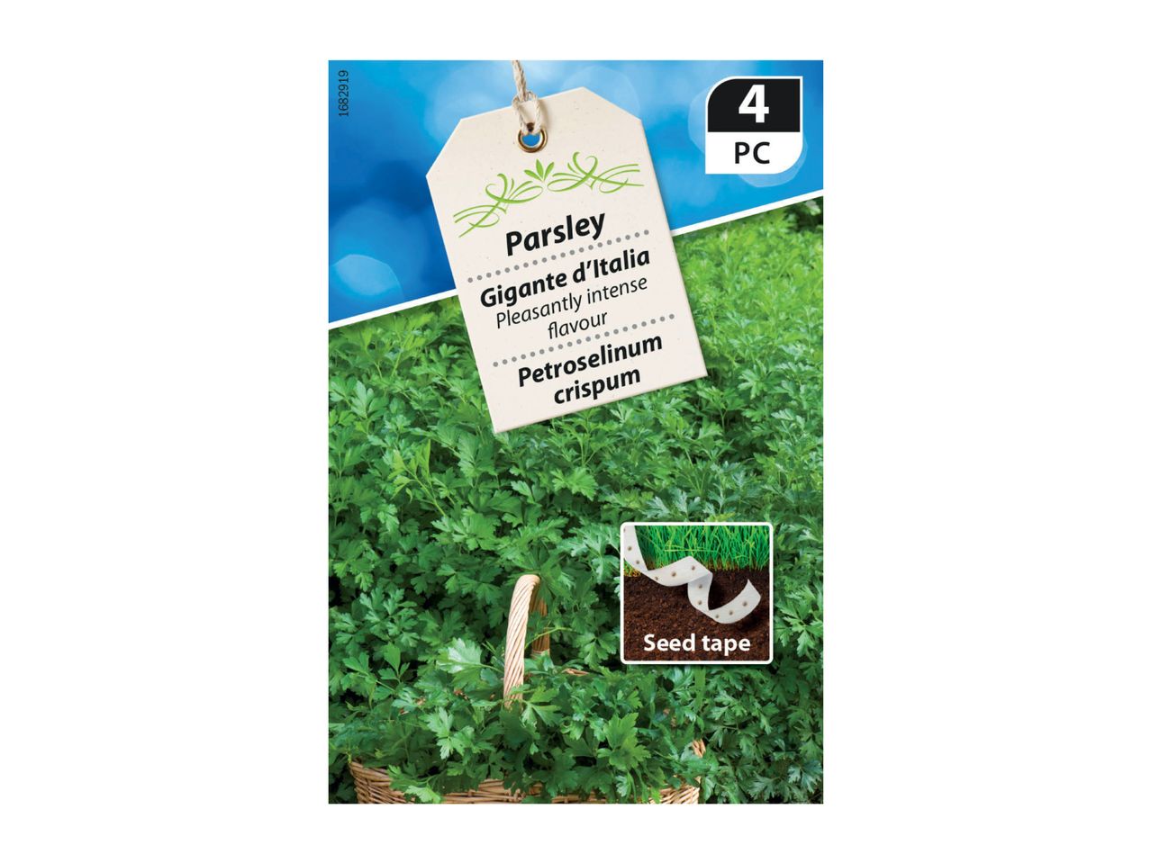 Parsley Gigante d'Italia seed tape with 4 pieces, showing fresh parsley and a seed tape example.