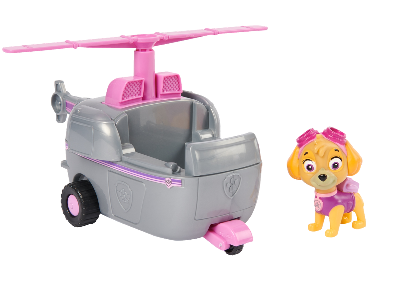 Figurine PAW PATROL Skye avec un hélicoptère gris et rose.