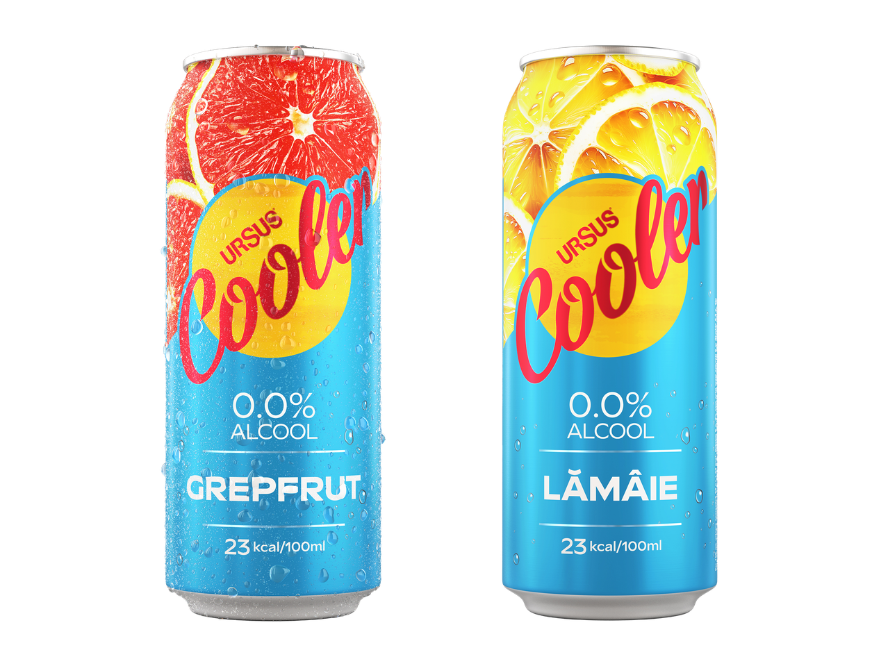 Două doze de băutură răcoritoare fără alcool, una cu grapefruit și una cu lămâie, cu 23 kcal/100ml.