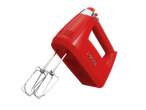 A red SILVERCREST® hand mixer with beaters attached, angled on a black background.