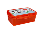 Orange lunchbox with a white lid featuring a cartoon mouse, letter 'M', and abstract shapes.