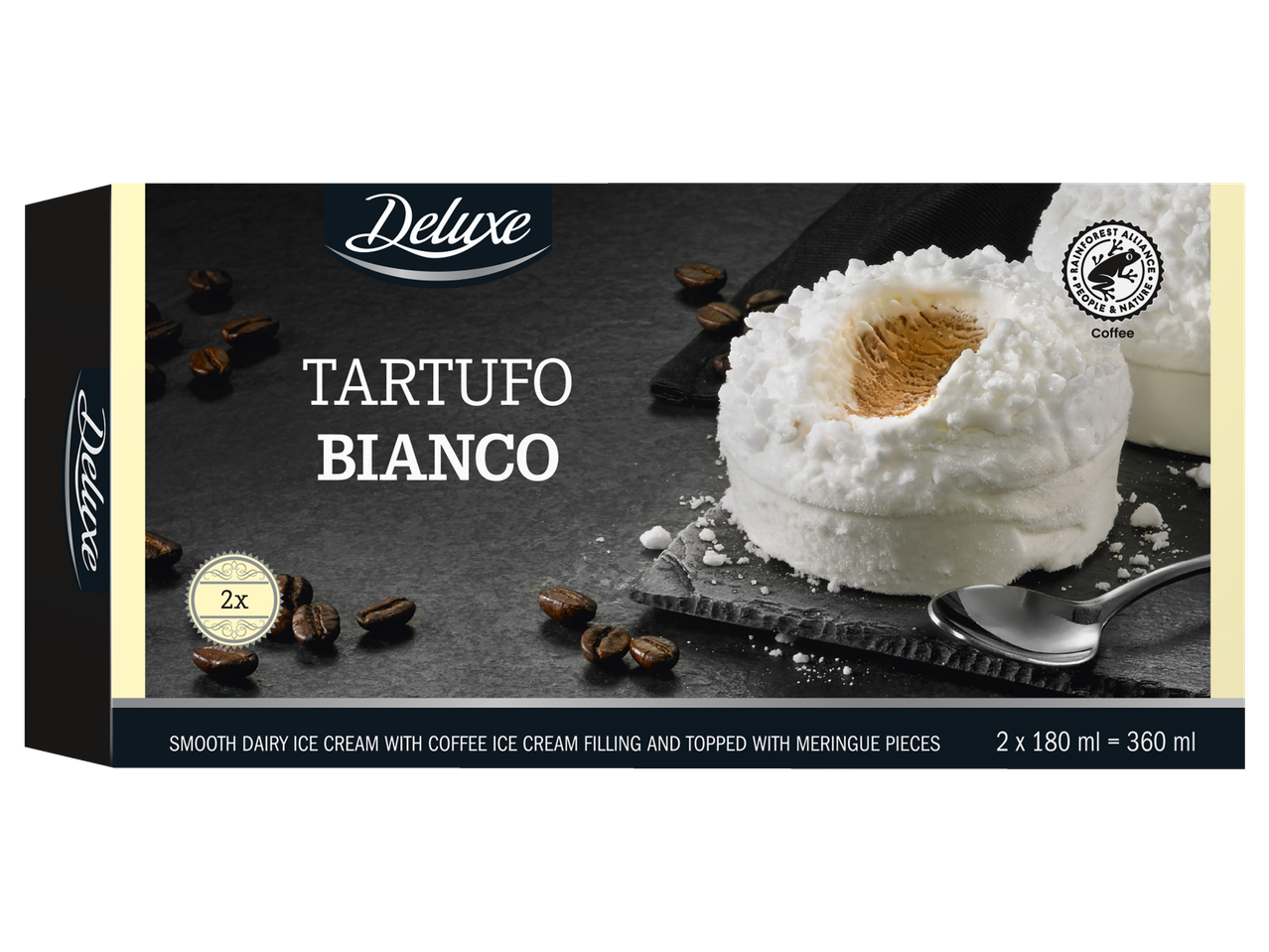 Deluxe Tartufo Bianco: kohev kohvi maitsega jäätis vahukoorega.