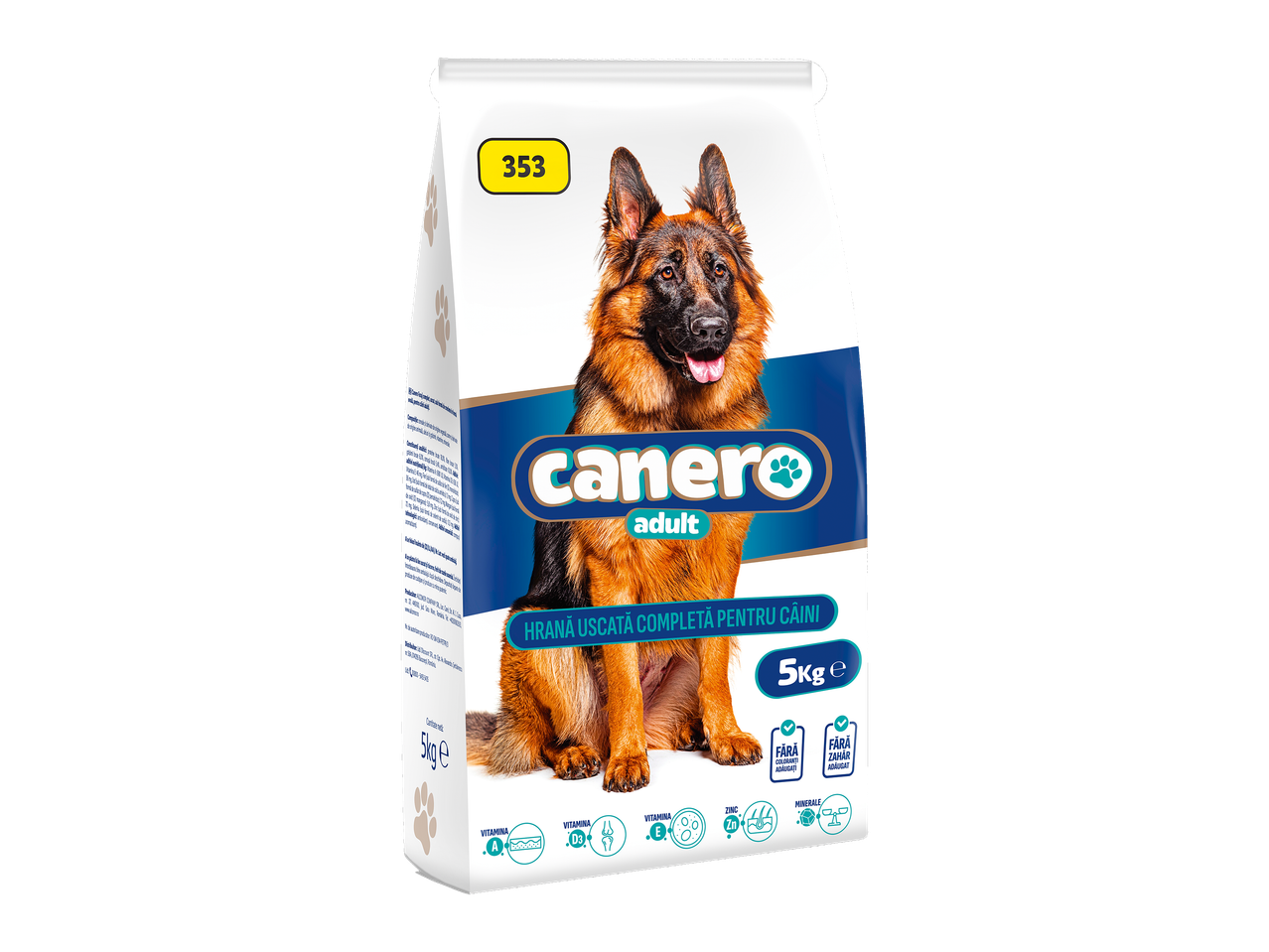 Sac de 5 kg de hrană uscată completă pentru câini adulți, cu un ciobănesc german.