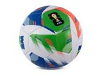 White, blue, green, and orange soccer ball with a trophy graphic and text.