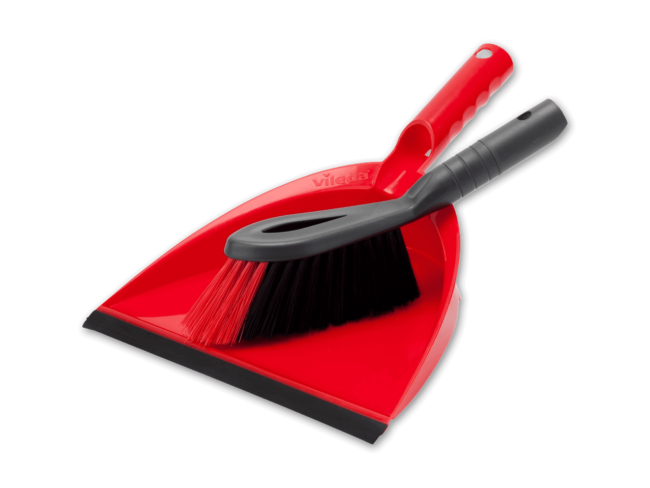 Ein Vileda Kehrset mit roter Kehrschaufel und schwarzer Bürste.