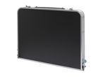Foldable camping table with a black surface and silver frame, shown folded.