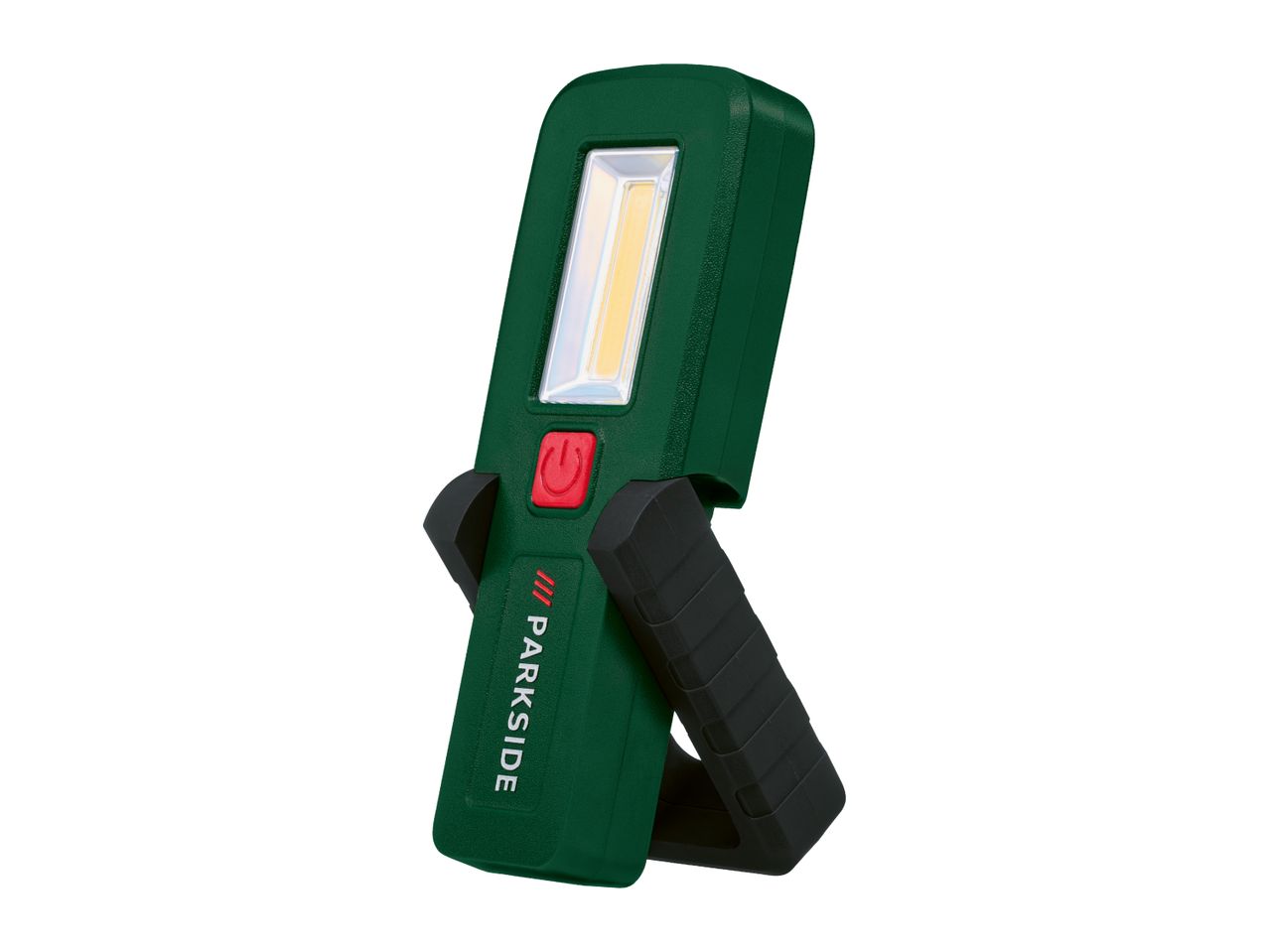 A green and black Parkside work light with a bright LED panel and a red power button.