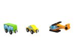 Wooden toy bus, taxi, and helicopter with magnetic connectors.