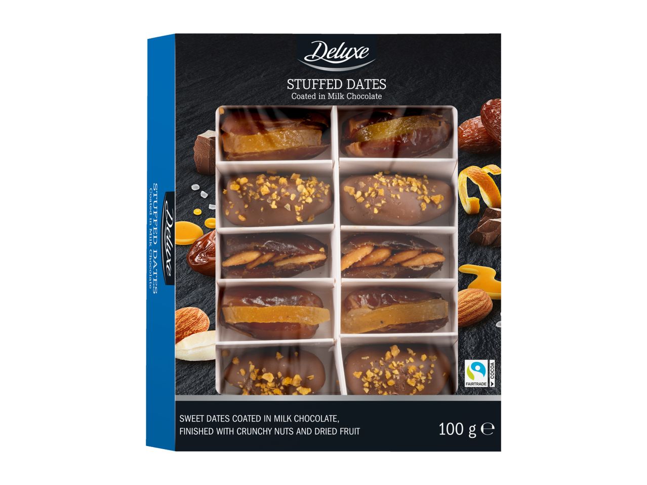 Deluxe Stuffed Dates coated in milk chocolate with nuts and dried fruit, 100g.